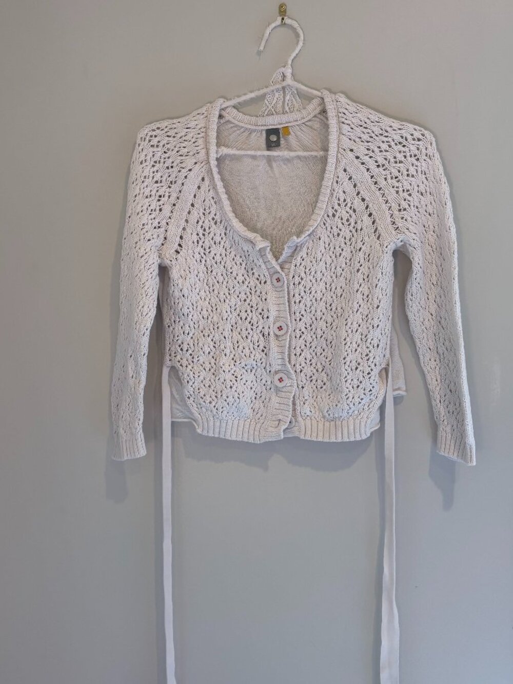 Knitted & Knotted Anthropologie Crochet Tie Back Cardigan XS White Boho